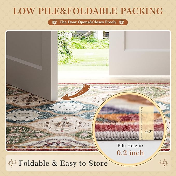 EnHomee Boho Chic 4x6 Washable Rug - Soft, Low Pile & Durable for High-Traffic Living Rooms & Bedrooms Stain Resistant, Non-Slip Easy Clean Carpet in Red&Green