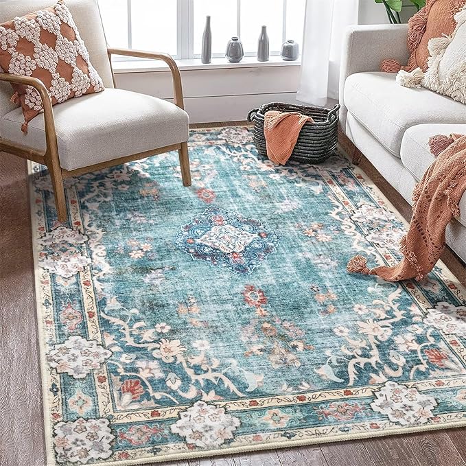 MUJOO Boho Rug 4'x6.5' Area Rugs for Bedroom Living Room Dining Room Teal Small Machine Washable Non Slip Carpet for Office Dorm Bedside Kitchen Laundry Room Accent Soft Blue Floral