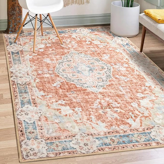 MUJOO Boho Rug 3'x5' Machine Washable Area Rugs Small Non Slip for Entryway Bedroom Bedside Kitchen Hallway Living Room Laundry Indoor Mat Soft Low-Pile Floral Orange Navy Blue