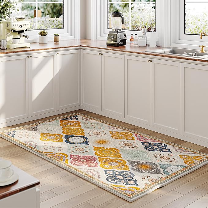 EnHomee Area Rugs 3x5, Soft Washable Rugs for Living Room Bedroom, Boho Non Slip Low Pile Stain Resistant Washable Rug Large Carpet for Dining Room,Easy to Clean Living Room Rug, Colorful