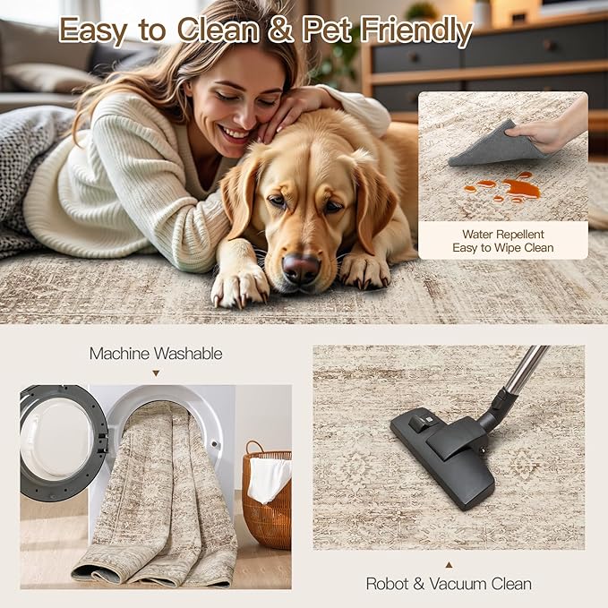 Lofus 9x12 Area Rug for Living Room,Beige Washable Large Rugs with Non-Slip Backing,Soft Neutral Carpets for Bedroom Dining Room Home Office Indoor Nursery