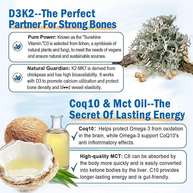 Vegan Omega-3 Gummies 1280mg + COQ10+ Vitamin D3 K2 (MK7), Omega 3 Fish Oil Alternative for Adults w/EPA 600mg & DHA 400mg & MCT Oil, No Fish Taste from Marine Algae, for Brain, Eye, Immunity, 2 Pack