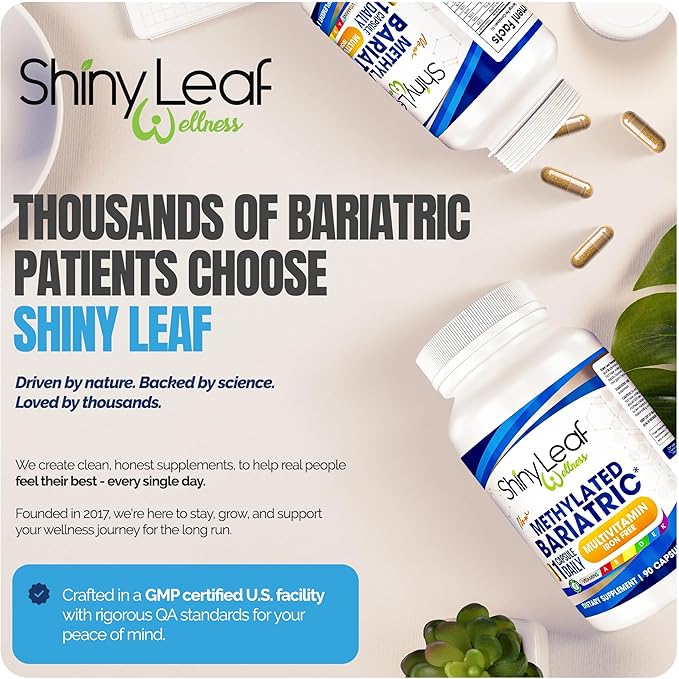 Shiny Leaf Methylated Bariatric Multivitamin Without Iron – Vitamins for Gastric Bypass & Sleeve, 1 Daily Capsule W Methylated Folate, B12, A, C, D, K & More. Vegetarian, Soy-Free, USA Made (180 Ct.)
