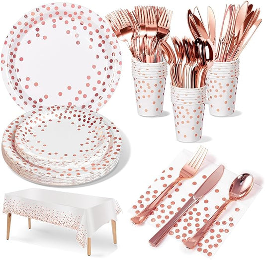 141 Pieces Rose Gold Party Supplies, Disposable Party Decorations Sets Include Paper Plates Napkins Cups, Plastic Forks Knives Spoons, for Baby Shower Birthday Wedding -20 Guests