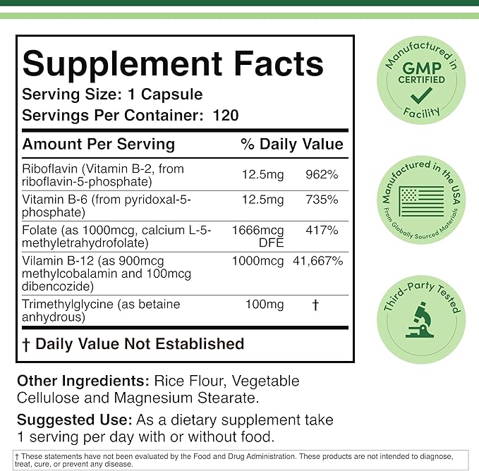 Methylated Multivitamin (Methylated and Activated Vitamins Only - Methylated B Complex with Trimethylglycine (TMG) and Methylfolate)(Non-GMO, Gluten Free MTHFR Supplement) 120 Capsules by Double Wood