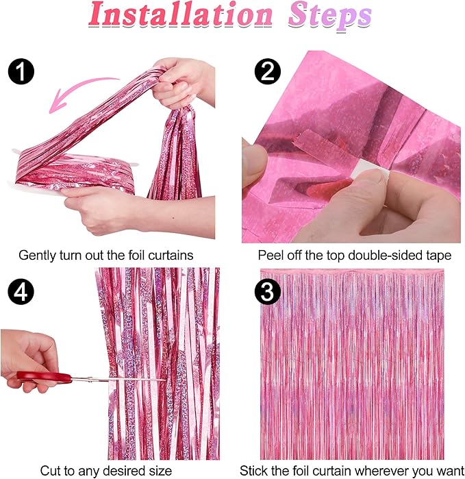 12 Pack Pink Backdrop, 3.28 FT x 7.05 FT Foil Streamers, Metallic Glitter Backdrop Pink Tinsel Fringe Curtains Party Streamers, Pink Birthday Valentines Day Party Decorations Photo Booth Props