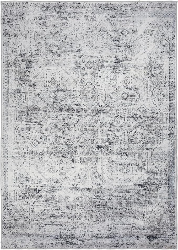 Area Rug 9×12, Large Vintage Boho Rug,Ultra-Soft Low Pile, Washable, Non Slip,Stain Resistant, Printed Carpet for Living Room Bedrooms Playroom Office Kitchen, Classic-Grey