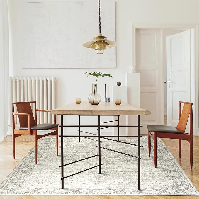 ReaLife Rugs Machine Washable Area Rug - Living Room Bedroom Bathroom Kitchen Entryway Office - Padded Low Pile Stain Resistant Premium - Boho Farmhouse Vintage - Lyle - Beige Ivory 5' x 7'