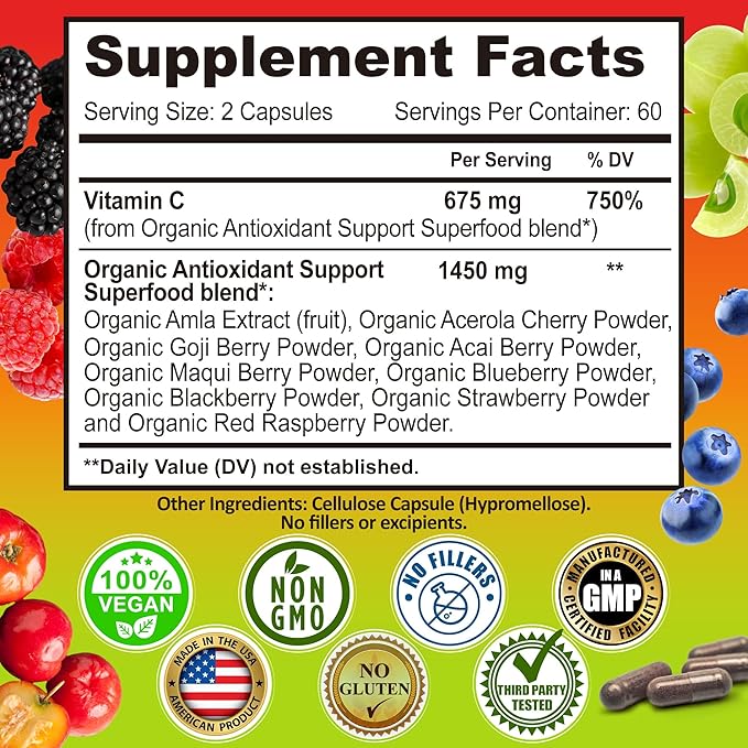 Whole Food Vitamin C Complex - 1450mg Organic Berries - 675 mg Vitamin C per Serving, High-Potency Antioxidant & Immune Support with Acerola, Amla and Natural Bioflavonoids - Vegan, Non-GMO, 120 Count