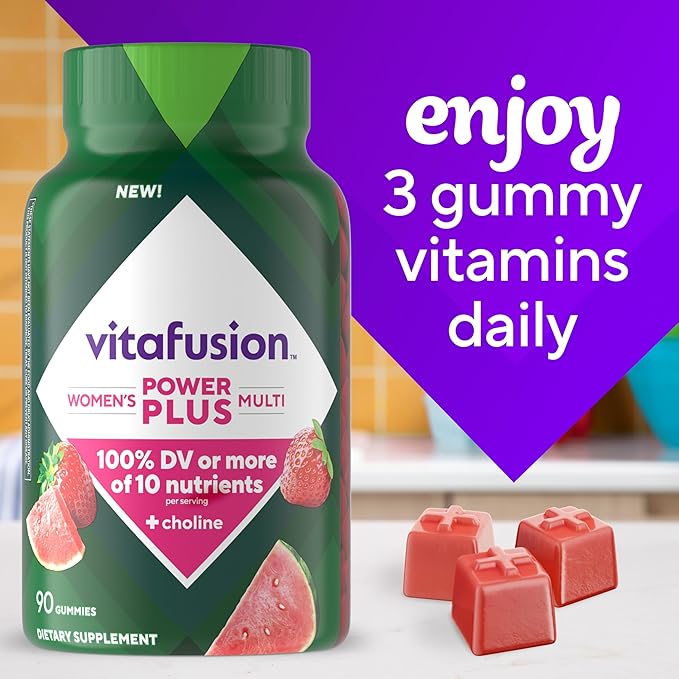 Vitafusion Power Plus Women’s Multivitamin Gummies, 100% Daily Value or More of 10 Nutrients, Helps Support Nerve, Energy Metabolism, Bone & Immune Health, Strawberry & Watermelon Flavor, 90 Count