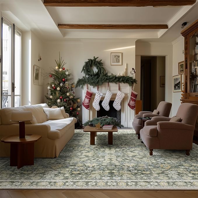 8x10 Washable Area Rugs Ultral Soft Non-Slip Stain Resistant Vintage Boho Large Carpet for High-Traffic Living Room & Dining Room