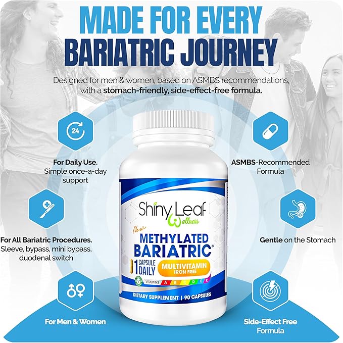 Shiny Leaf Methylated Bariatric Multivitamin Without Iron – Vitamins for Gastric Bypass & Sleeve, 1 Daily Capsule W Methylated Folate, B12, A, C, D, K & More. Vegetarian, Soy-Free, USA Made (180 Ct.)