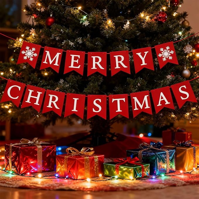 Red Merry Christmas Banner, Christmas Party Decorations, Indoor Outdoor Home Hanging