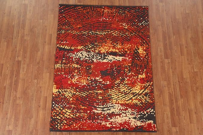 Rug Source Modern Collection, 5x7 Abstract Rug, Hand Knotted Red Abstract Rug, Oriental 100% Wool Carpet for Foyer, Entryway and Hallway