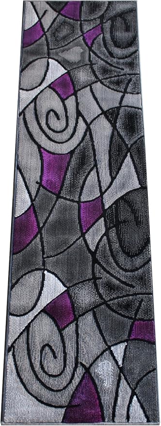 Masada Rugs, Modern Contemporary Abstract Runner Area Rug, (2 Feet X 7 Feet) Kitchen Mat, Hallway Rug, Purple Grey Black