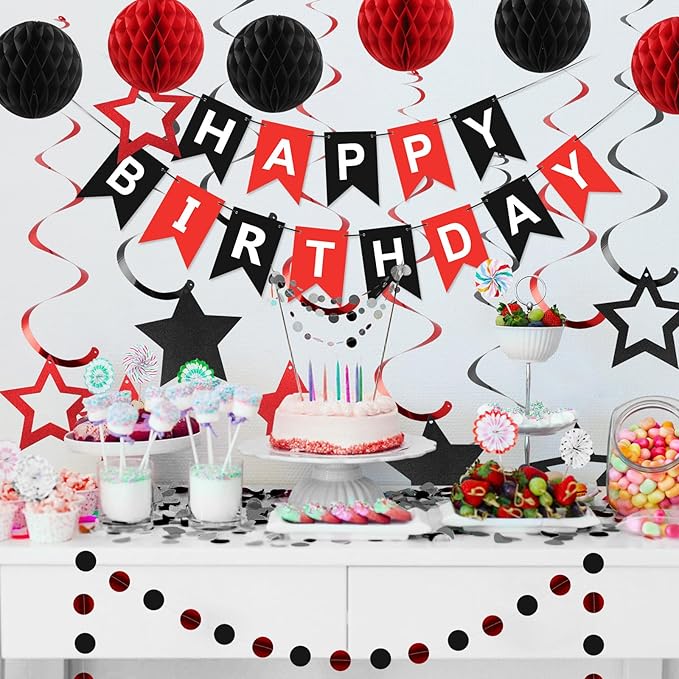 meowtastic Birthday Decorations, Happy Birthday Banner with Honeycomb Balls, Star Hanging Swirl Streamers, Circle Dots Garland, Happy Birthday Party Decorations for Women Men Boys Girls (Red & Black)