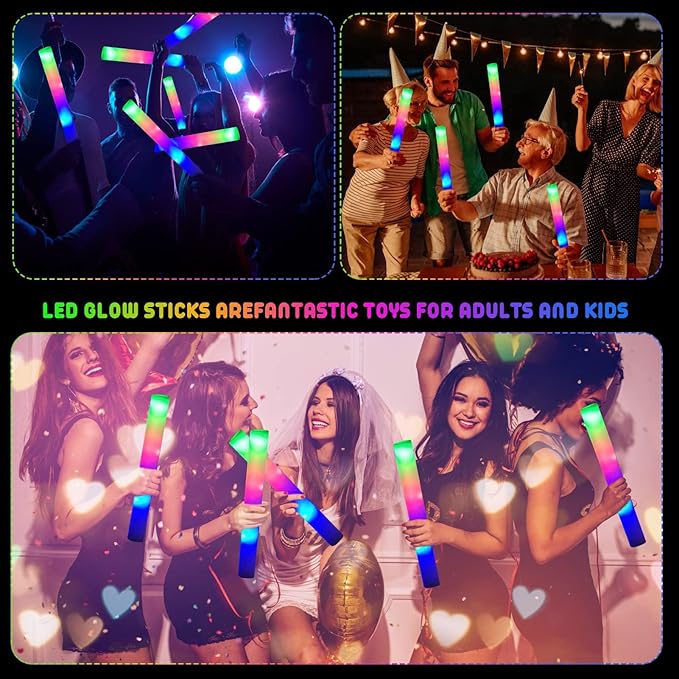 LifBetter 70 Pcs Foam Glow Sticks Bulk,Led Glow Sticks with 3 Modes Colorful Flashing,Long Life Battery Glow In The Dark Party Supplies for Weddings,Parties,Festivals,Sporting Events