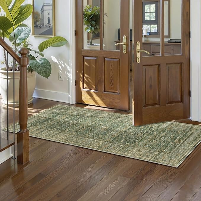 2.6x8 Runner Rug for Hallways Vintage Distressed Non Slip Long Carpet Floral Boho Distress Print Pattern Mat Lightweight Retro Accent Throw Carpet for Kitchen Bedroom Bedside Laundry Room-Green