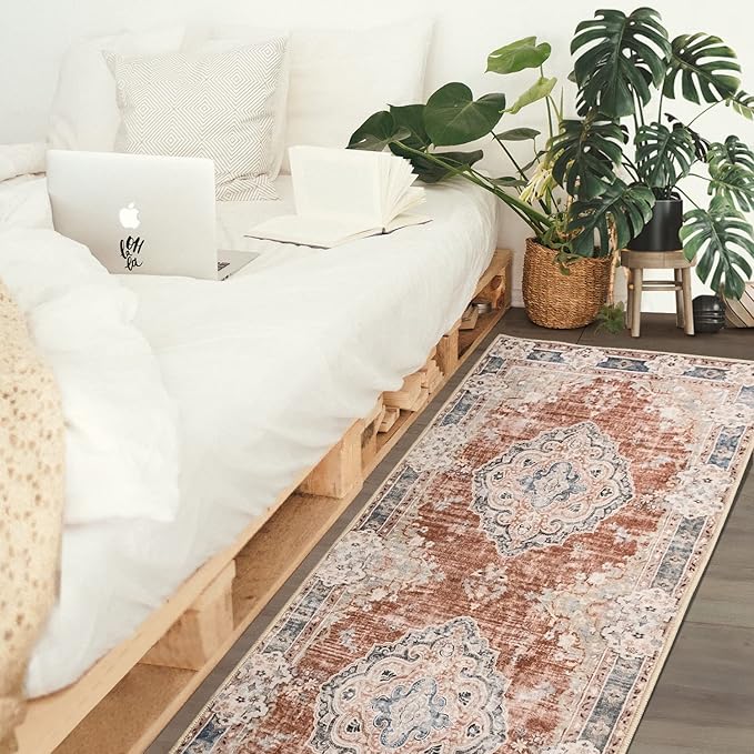 MUJOO Hallway Runner Rug Machine Washable 2'x6 ' Non Slip Boho Runner Rugs for Hallways Entryway Kitchen Bathroom Bedside Retro Soft Low-Pile Orange Navy Blue Flowers