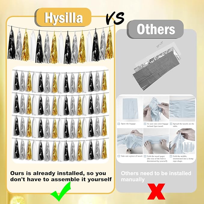 3P Black Gold Silver Foil Fringe Metallic Tassel Garland, Tassels Banner Streamers for Parade Floats, Bachelorette, Wedding, Birthday, Halloween, Christmas, Bridal/Baby Shower Party Decorations