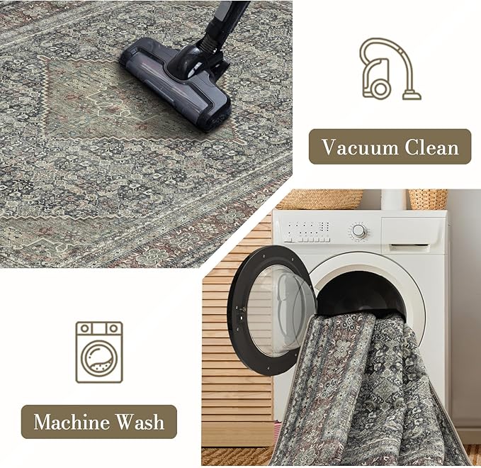 Area Rug 8×10, Large Vintage Boho Rug,Ultra-Soft Low Pile, Washable, Non Slip,Stain Resistant, Printed Carpet for Living Room Bedrooms Playroom Office Kitchen, Rust/Green