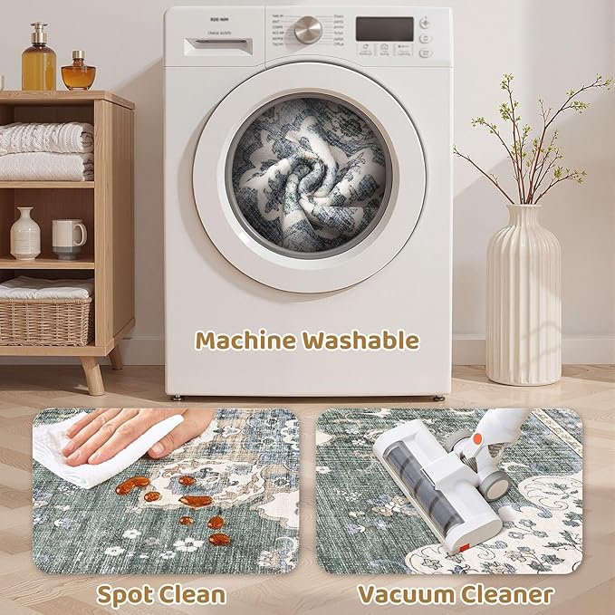 Area Rug for Entryway - 3x8 Soft Washable Oriental Vintage Floral Distressed Large Carpet - Fade Stain Resistant Non Slip Rugs for Bedroom Dining Room Nursery Dorm Office Home Decor - Green