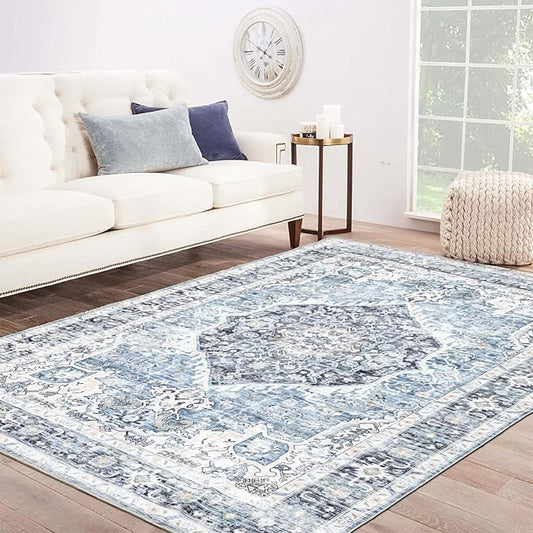 Area Rug 8×10, Large Vintage Boho Rug,Ultra-Soft Low Pile, Washable, Non Slip,Stain Resistant, Printed Carpet for Living Room Bedrooms Playroom Office Kitchen, Light Blue