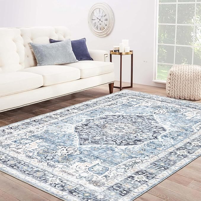 Area Rug 6×9, Large Vintage Boho Rug,Ultra-Soft Low Pile, Washable, Non Slip,Stain Resistant, Printed Carpet for Living Room Bedrooms Playroom Office Kitchen, Light Blue