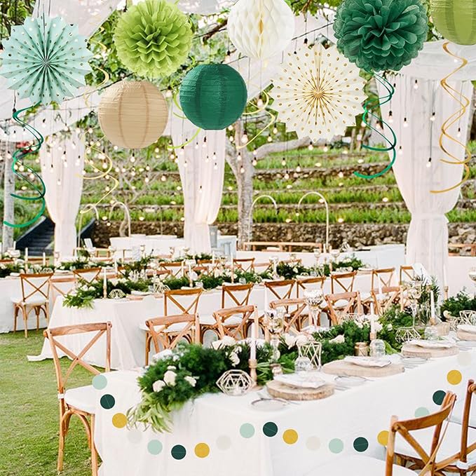 Sage-Green Boho Party-Decorations Paper-Flowers Lanterns - 20PCS Rustic Tissue Pom Poms Streamers Fans Honeycomb, Birthday Baby Shower Neutral Garden Neutral Wedding Hanging Supplies Decor Burgleda