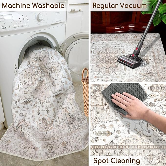 Area Rug 5x7, Machine Washable Rugs for Bedroom, Large Non Slip Persian Rug for Bedroom Living Room Kitchen Entryway Bathroom Office Carpet Brown…