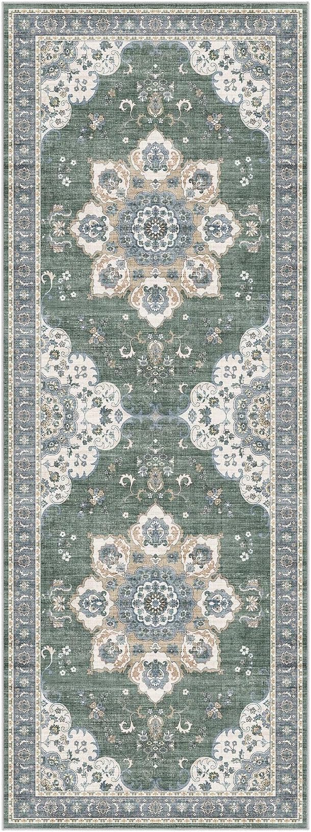 Area Rug for Entryway - 3x8 Soft Washable Oriental Vintage Floral Distressed Large Carpet - Fade Stain Resistant Non Slip Rugs for Bedroom Dining Room Nursery Dorm Office Home Decor - Green