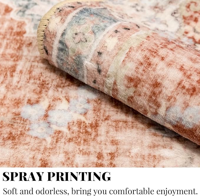 MUJOO 5'x7' Machine Washable Area Rugs for Living Room, Boho, Bedroom Laundry Room Kitchen Non Slip Carpet Abstract Soft Low-Pile Orange Navy Blue Floral.