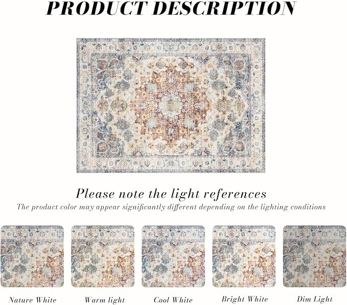 Area Rug 8×10, Large Vintage Boho Rug,Ultra-Soft Low Pile, Washable, Non Slip,Stain Resistant, Printed Carpet for Living Room Bedrooms Playroom Office Kitchen, Blue/Red