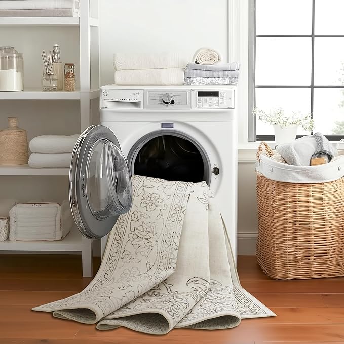 ReaLife Rugs Machine Washable Area Rug - Living Room Bedroom Bathroom Kitchen Entryway Office - Padded Low Pile Stain Resistant Premium - Boho Farmhouse Vintage - Paige - Ivory 7'6" x 9'6"