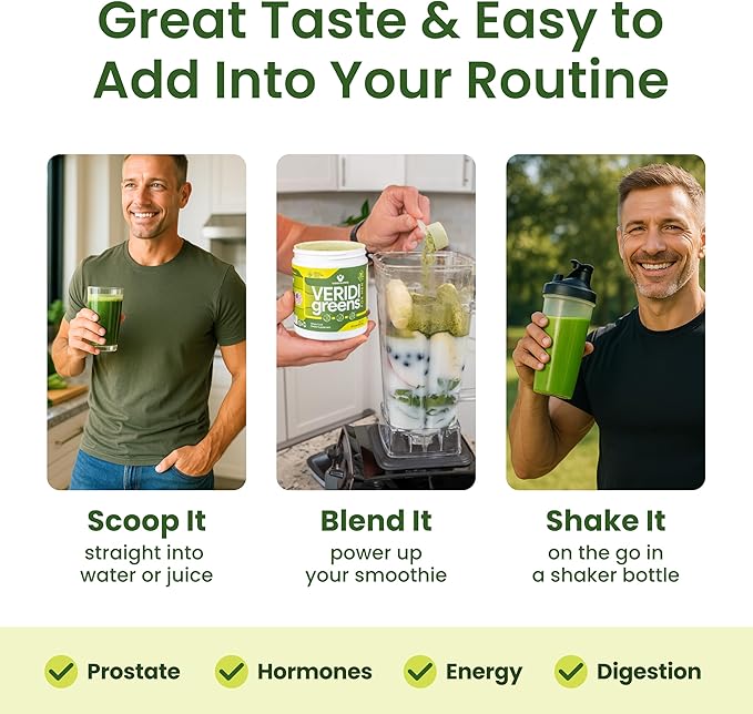 Veridi Greens for Men 40+ | Daily Superfood Greens Powder for Prostate Health, Hormone & Energy Support | Premium USA Blend with Spirulina, Saw Palmetto, Zinc & Enzymes