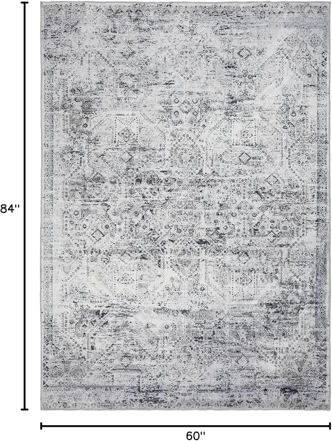 Area Rug 5×7, Vintage Boho Rug,Ultra-Soft Low Pile, Washable, Non Slip,Stain Resistant Printed Carpet for Living Room Bedrooms Playroom Office Kitchen, Classic Grey.