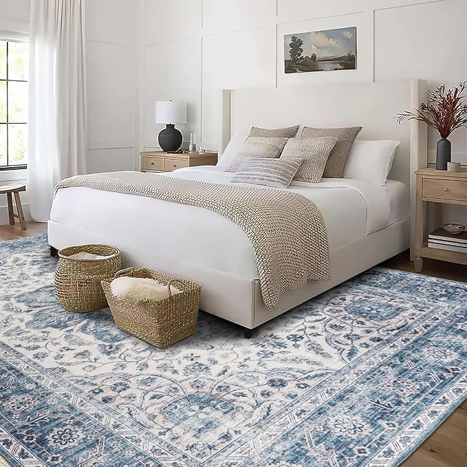 ReaLife Rugs Machine Washable Area Rug - Living Room Bedroom Bathroom Kitchen Entryway Office - Padded Low Pile Stain Resistant Premium - Boho Farmhouse Vintage - Joy - Blue Ivory 7'6" x 9'6"