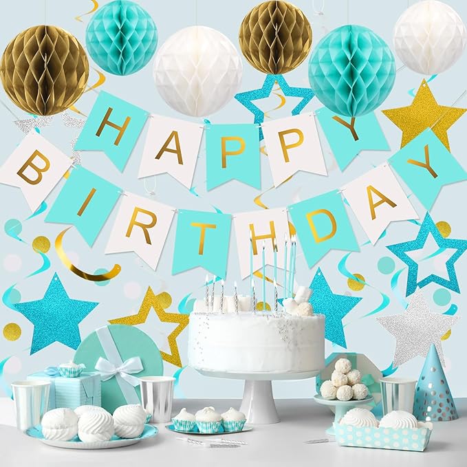 meowtastic Birthday Decorations, Happy Birthday Banner with Honeycomb Balls, Stars Hanging Swirls Streamers, Circle Dots Garland, Happy Birthday Party Decorations for Women Men Boys Girls (Mint)