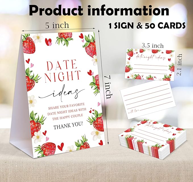 Strawberry Themed Share Your Date Night Ideas Game, 1 Tabletop Sign and 50 Cards, Bridal Shower Games 50 Guests, Wedding Shower Games for Bachelorette Night Engagement Wedding Event & Party Supplies