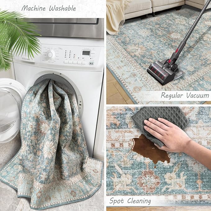 8x10 Vintage Living Room Area Rug - Large Soft Washable Indoor Floor Oriental Farmhouse Rugs for Bedroom, Home Office House Decor, Ocean Terracotta