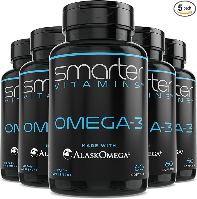 (5 Pack) Smarter Omega 3 Fish Oil, Berry Flavor, Burpless, Tasteless, 2000mg, Potent Triple Strength DHA EPA Brain Omega-3, Made with AlaskOmega®