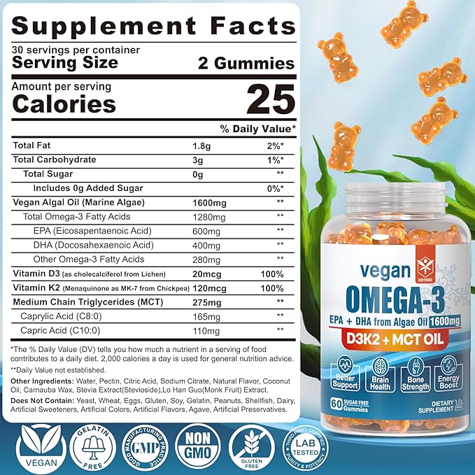 Vegan Omega 3 Gummies 1280mg + Vitamin D3 K2 (MK7), Omega 3 Fish Oil Alternative for Adults, w/Algae EPA 600mg & DHA 400mg, MCT Oil - No Fish Taste - for Brain, Eye, Immune Health, Sugar Free, 2 Pack