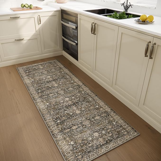 2'x6' Washable Runner Rug Utral Soft Lightweight Vintage Boho Distressed Non-Slip Backing,Low Pile Stain Resistant Farmhouse Rug for High-Traffic Hallway, Kitchen & Laundry