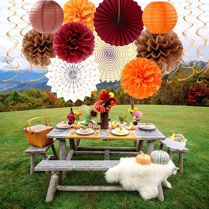 Boho Baby-Shower Burgundy Brown-Orange Party-Decorations - 33pcs Banner,Fall Autumn Streamers Tassel Garland,Tissue Pom Poms Honeycomb,Paper Lantern Fan, Wedding Harvest Rustic Birthday Decor Hugtmr