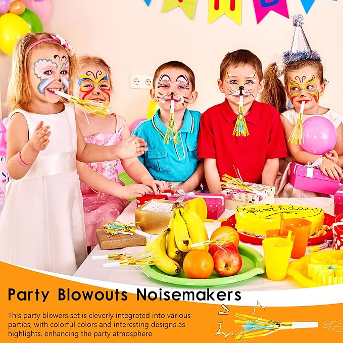 36 Pieces Glitter Metallic Fringed Noisemakers Musical Party Blowers Blowouts Whistle Party Blow Horns for New Years Birthday Party Supplies Sporting Event Celebrations (Pink, Blue)