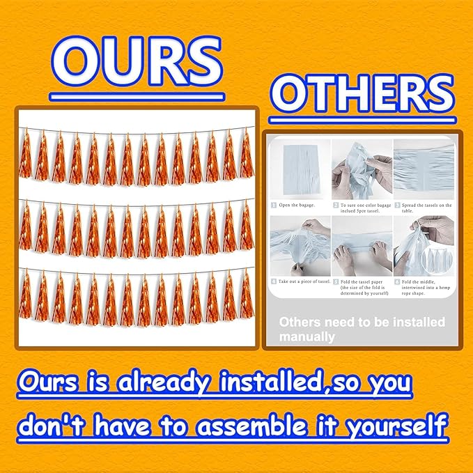 3P Metallic Fringe Tassel Banner Garland Foil Tinsel Streamer Wall Hanging Curtain Backdrop Banner for Parade Floats, Halloween Decorations, Christmas Day, Fall, Thanksgiving Party Decoration(Orange)