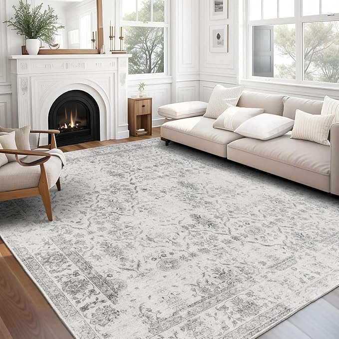 ReaLife Rugs Machine Washable Area Rug - Living Room Bedroom Bathroom Kitchen Entryway Office - Padded Low Pile Stain Resistant Premium - Boho Farmhouse Vintage - Noor - Ivory Grey 5' x 7'