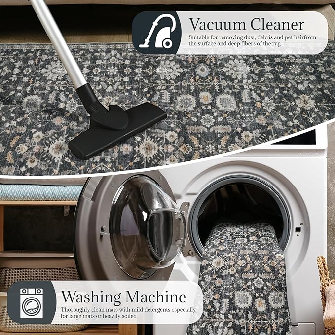 6x9 Washable Rug Vintage Fade Resistant Boho Distressed Non-Slip Indoor Large Carpet Low Pile Lightweight & High-Traffic Safe for Bedroom, Dorm, Playroom - Farmhouse Decor