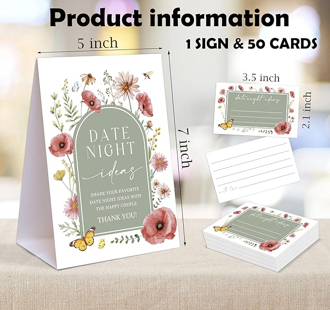 Sage Green Floral Themed Share Your Date Night Ideas Game, 1 Tabletop Sign and 50 Cards, Bridal Shower Games 50 Guests, Wedding Shower Games for Bachelorette Night Wedding Event & Party Supplies