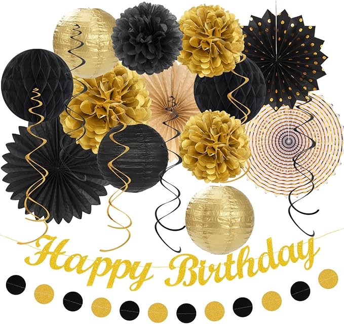 Black Gold Women-Men Birthday Party-decorations - 21pcs Happy Banner,Paper Streamers Lanterns Honeycomb,Tissue Pom Poms Fan,Classroom Birthday Supplies Decor Huglony